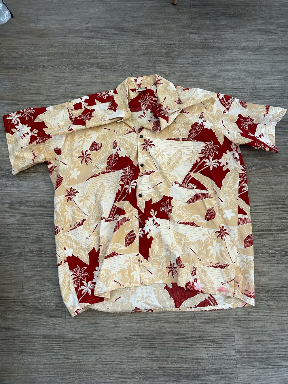 VTG Go Barefoot Hawaiian Shirt Mens 3XL Red Beige Palm Tree Tropical Aloha Silk